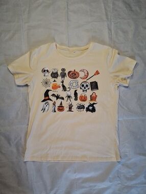 Women's Halloween Icons Tee - Cream with Orange & Black Graphics